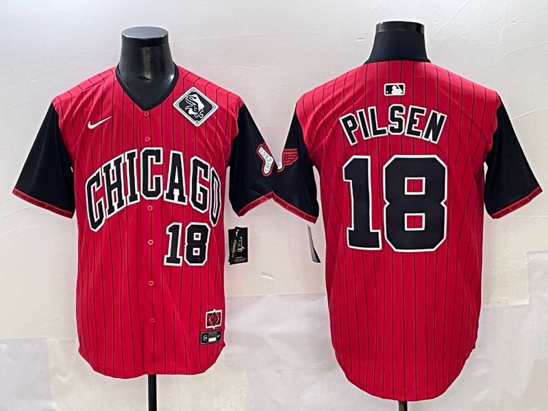 Men 2025 Chicago White Sox #18 Pilsen Red Stripe Joint Name Nike MLB Jersey style 7